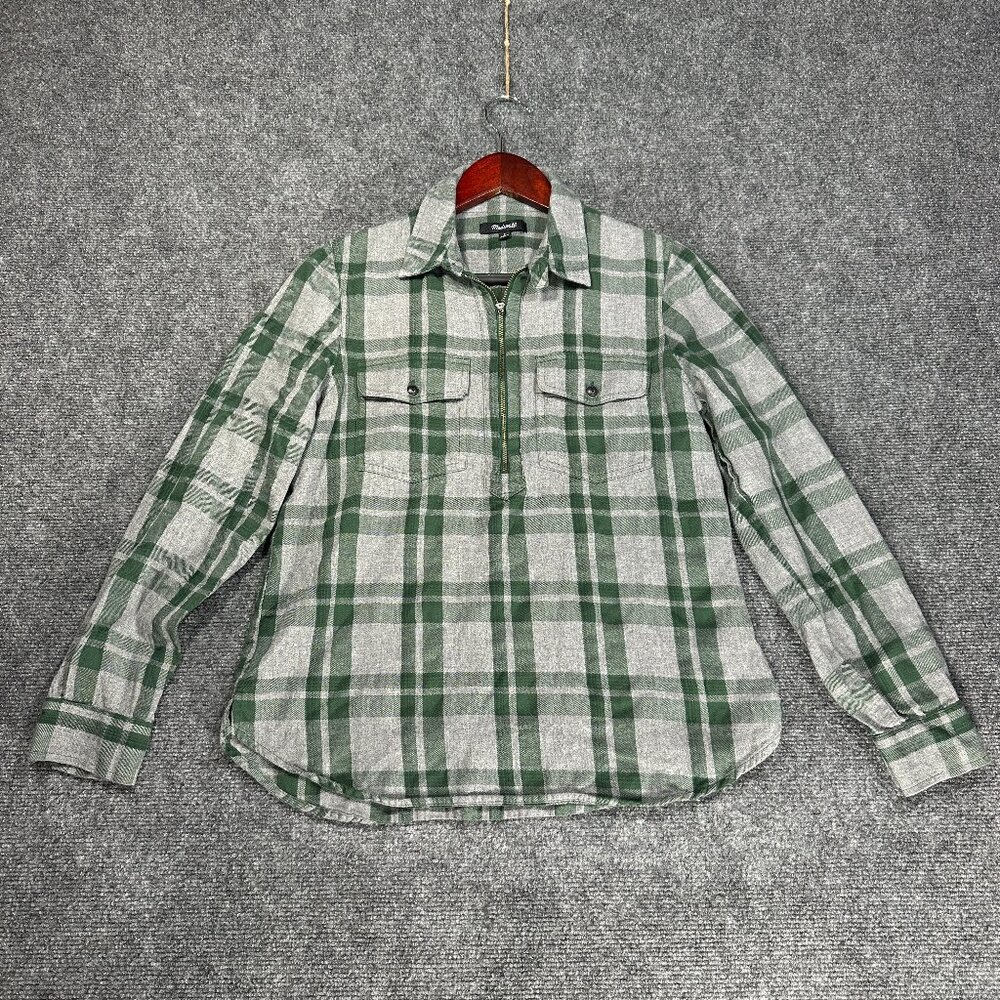 Madewell Top Womens Small Long Sleeve Popover Green Plaid Zip Neck Pockets